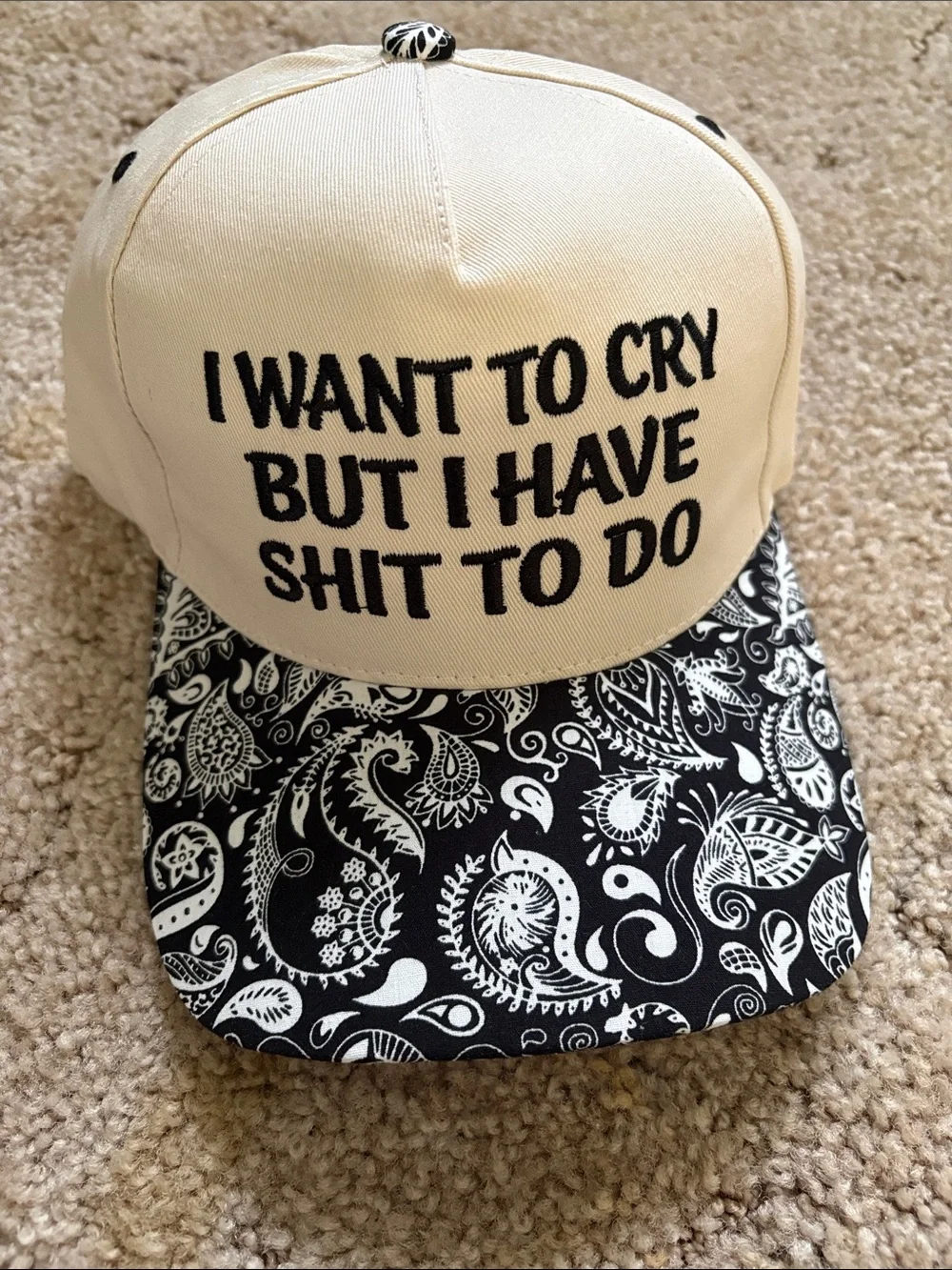 Beige & Black Embroidered Statement Trucker Hat